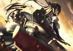  1girl bird black_hair bodysuit breasts cannon clouds day eyebrows_visible_through_hair grin gun hair_between_eyes headgear highres kantai_collection ladder long_hair looking_at_viewer looking_back machinery nagato_(kantai_collection) parted_lips railing red_eyes remodel_(kantai_collection) rigging searchlight smile solo sunset torn_clothes tsuuhan turret under_boob upper_body weapon 