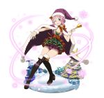  1girl ;d argyle_shorts black_footwear boots box breasts cape christmas christmas_tree cleavage full_body fur_trim gift gift_box grin hair_ornament hairclip hat holding_bell layered lisbeth one_eye_closed open_mouth outstretched_arm pink_eyes pink_hair purple_cape purple_hat purple_shorts red_ribbon ribbon santa_hat short_hair_with_long_locks short_shorts shorts sidelocks simple_background small_breasts smile snowflakes snowman solo star sword_art_online thigh-highs thigh_boots white_background wrist_cuffs 