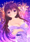  1girl blush breasts brown_eyes brown_hair cleavage closed_mouth commentary_request crossed_arms fireworks japanese_clothes kantai_collection kimono long_hair looking_at_viewer medium_breasts smile solo yamato_(kantai_collection) yukata yuzukaze_rio 