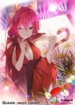  1girl ;) animal_ears breasts cat_ears cat_tail cleavage dress floodlights flower hand_on_hip heart large_breasts long_hair looking_at_viewer official_art one_eye_closed plant qurare_magic_library red_dress redhead smile standing tail takotsu very_long_hair watermark 