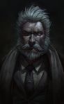  absurdres backlighting beard black_jacket coat collared_shirt facial_hair formal grey_background highres jacket looking_at_viewer nat_vitchayed necktie old_man overwatch reinhardt_(overwatch) scar scar_across_eye serious shirt short_hair solo tagme white_hair white_shirt wing_collar 