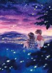  1boy 1girl absurdres blurry city_lights clouds commentary couple depth_of_field fireflies grass highres hill long_hair looking_at_another night open_mouth original plaid scenery selina short_hair shorts sitting sky star_(sky) summer sunset traditional_media tree watercolor_(medium) 