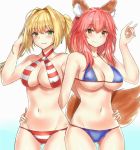  2girls \m/ ahoge animal_ears arm_around_waist bare_arms bare_shoulders bikini blonde_hair blue_bikini blush breasts brown_eyes closed_mouth collarbone cowboy_shot criss-cross_halter earrings eyebrows_visible_through_hair fang_out farys_(afopahqfw) fate/grand_order fate_(series) fox_ears fox_shadow_puppet fox_tail gluteal_fold green_eyes groin hair_intakes halterneck hand_in_hair highres jewelry large_breasts long_hair looking_at_viewer medium_breasts multiple_girls navel nero_claudius_(fate)_(all) nero_claudius_(swimsuit_caster)_(fate) parted_lips pink_hair shiny shiny_hair simple_background smile standing stomach swimsuit tail tamamo_(fate)_(all) tamamo_no_mae_(swimsuit_lancer)_(fate) thigh_gap thighs tsurime twintails white_background 