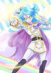  +_+ 1boy absurdres belt blue_hair boots cape cure_waffle double-breasted epaulettes gloves green_eyes hair_ornament highres julio_(precure) kirakira_precure_a_la_mode long_hair magical_boy male_focus precure sharumon smile spoilers wand white_gloves 