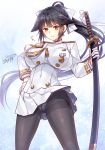  1girl :&gt; aiguillette azur_lane badge bangs black_hair black_legwear blunt_bangs blush bow breasts brown_eyes closed_mouth covered_navel crotch_seam dated double-breasted eyebrows_visible_through_hair gloves gradient gradient_background gusset hair_bow hair_flaps hand_on_hip holding holding_sword holding_weapon large_breasts legs_apart long_hair long_sleeves looking_at_viewer military military_uniform miniskirt panties panties_under_pantyhose pantyhose pantyshot pantyshot_(standing) pleated_skirt ponytail ryuuga_shou sheath sheathed signature skirt skirt_lift smug standing sword takao_(azur_lane) thighband_pantyhose tsurime underwear uniform upskirt v-shaped_eyebrows very_long_hair weapon white_bow white_gloves 