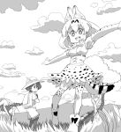  2girls animal_ears boots bow bowtie bucket_hat elbow_gloves gloves grass greyscale hat hat_feather highres kaban_(kemono_friends) kemono_friends kneehighs legwear_under_shorts monochrome multiple_girls nittama savannah serval_(kemono_friends) serval_ears serval_print serval_tail short_hair shorts simple_background skirt smile tail tree white_background 