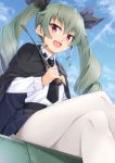  1girl :d anchovy anzio_school_uniform black_ribbon cape drill_hair dutch_angle girls_und_panzer green_hair hair_ribbon legs_crossed lens_flare light_rays miri_(ago550421) necktie open_mouth pantyhose pleated_skirt red_eyes ribbon riding_crop signature sitting skirt smile solo twin_drills white_legwear wing_collar 