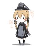  1girl anchor_hair_ornament black_skirt blonde_hair blush_stickers chibi chimaki. full_body gloves hair_ornament hat iron_cross kantai_collection low_twintails microskirt military military_hat military_uniform peaked_cap pleated_skirt prinz_eugen_(kantai_collection) simple_background skirt smile solo standing twintails uniform white_background |_| 