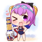  &gt;_o 1girl ;d bare_arms bare_legs bare_shoulders barefoot black_bow blue_swimsuit blush bow chibi commentary_request fate/grand_order fate_(series) full_body gatling_gun goggles goggles_on_head hair_bow hana_kazari hand_on_hip heart helena_blavatsky_(fate/grand_order) high_ponytail looking_at_viewer one-piece_swimsuit one_eye_closed open_mouth outstretched_arm ponytail purple_hair smile solo standing swimsuit upper_teeth violet_eyes 