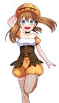  1girl :d arm_behind_head bare_shoulders black_neckwear blue_eyes blush brown_hair choker fishnet_legwear fishnets halloween haruka_(pokemon) haruka_(pokemon)_(remake) highres long_hair looking_at_viewer open_mouth pokemon pokemon_(game) pokemon_oras pumpkin_hat simple_background smile solo standing standing_on_one_leg thigh-highs white_background yuihiko 