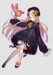 1girl abigail_williams_(fate/grand_order) azutarou bangs black_dress black_footwear black_hat blonde_hair bloomers blue_eyes bow dress fate/grand_order fate_(series) frilled_sleeves frills grey_background hair_bow hands_in_sleeves hat lolita_fashion long_hair long_sleeves looking_at_viewer mary_janes orange_bow parted_bangs parted_lips polka_dot polka_dot_bow shoe_bow shoes signature simple_background solo striped stuffed_animal stuffed_toy teddy_bear too_many_bows underwear vertical-striped_dress vertical_stripes white_bloomers 