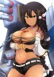 &gt;:) 1girl azur_lane bare_shoulders belt black_hair bracelet braid breast_hold breasts brown_eyes bustier crossed_arms dark_skin detached_sleeves feathers hair_between_eyes hair_feathers hair_ornament hair_ribbon heka=ton highres jewelry large_breasts long_hair machinery multiple_braids native_american navel necklace open_clothes open_shorts revealing_clothes ribbon shorts smile solo south_dakota_(azur_lane) unbuttoned very_long_hair 