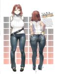  1girl ass bangle belt bracelet breasts brown_hair butt_crack commentary denim flat_ass full_body grey_eyes highres jeans jewelry large_breasts long_hair multiple_views namaniku_atk original pants panty_lines ribbed_sweater sleeveless sleeveless_turtleneck solo standing sweater turtleneck 