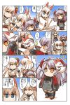  3girls animal_ears azur_lane blue_eyes breasts brush cleavage comic covering_mouth eyebrows_visible_through_hair finger_to_mouth flower flying_sweatdrops fox_ears fox_mask fox_tail gloves hair_flower hair_ornament hand_over_own_mouth highres hisahiko index_finger_raised iron_cross japanese_clothes kaga_(azur_lane) kimono kneeling long_hair long_sleeves mask military military_uniform multiple_girls multiple_tails prinz_eugen_(azur_lane) short_hair shoukaku_(azur_lane) silver_hair smile standing star star-shaped_pupils symbol-shaped_pupils tail translation_request two_side_up uniform white_hair wide_sleeves younger 