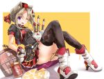  1girl animal_ears argyle argyle_legwear bagpipes boots brown_hair cat_ears fang fatkewell gloves instrument looking_at_viewer one_eye_closed open_mouth original short_hair_with_long_locks simple_background sitting skirt solo thigh-highs violet_eyes 