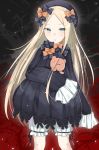 1girl :o abigail_williams_(fate/grand_order) bangs black_bow black_dress black_hat blonde_hair bloomers blue_eyes bow butterfly commentary_request dress fate/grand_order fate_(series) hair_bow hands_in_sleeves hat long_hair long_sleeves looking_at_viewer object_hug orange_bow parted_bangs parted_lips polka_dot polka_dot_bow solo stuffed_animal stuffed_toy swon_(joy200892) teddy_bear underwear very_long_hair white_bloomers 