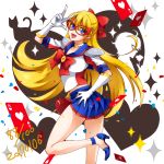  1girl :d aino_minako bishoujo_senshi_sailor_moon blonde_hair blue_eyes blue_footwear blue_sailor_collar blue_skirt bow card choker cowboy_shot dated gloves hair_bow half_updo hand_on_hip heart high_heels long_hair looking_at_viewer magical_girl mask open_mouth playing_card pleated_skirt red_bow sailor_v shoulder_pads skirt smile solo standing standing_on_one_leg v white_background white_gloves white_neckwear yoji. 