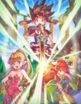  2boys 2girls absurdres blonde_hair blue_sky breasts brown_hair cleavage commentary earrings glowing haccan hands_on_hips highres jewelry looking_at_viewer multiple_boys multiple_girls official_art open_mouth pointy_ears ponytail popoi primm randi seiken_densetsu seiken_densetsu_2 sky spiky_hair square_enix sword water waterfall weapon 