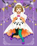  1girl alternate_costume bat brown_eyes brown_hair commentary_request ghost ghost_costume halloween high_heels highres jack-o&#039;-lantern kantai_collection looking_at_viewer mismatched_legwear open_mouth revision sakuharu short_hair silk sleeves_past_wrists solo spider_web striped striped_legwear thigh-highs vertical-striped_legwear vertical_stripes yukikaze_(kantai_collection) 