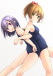  2girls back-to-back blue_swimsuit bow breasts brown_hair carrying green_eyes hair_bow highres looking_at_viewer multiple_girls open_mouth original ponytail purple_hair red_bow school_swimsuit shibacha_(shibacha_0728) short_hair simple_background small_breasts smile swimsuit violet_eyes white_background 