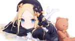  1girl abigail_williams_(fate/grand_order) artist_name bangs black_bow black_dress black_hat blue_eyes blush bow bowler_hat closed_mouth dress eyebrows_visible_through_hair fate/grand_order fate_(series) hair_bow hands_in_sleeves hat legs_up long_hair long_sleeves looking_at_viewer lying no_shoes on_stomach orange_bow pantyhose parted_bangs polka_dot polka_dot_bow solo stuffed_animal stuffed_toy teddy_bear tr_(hareru) very_long_hair white_background white_legwear 