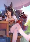  1girl ;d animal_ears artist_name asymmetrical_bangs bangs black_hair black_kimono blue_sky bottle box breasts can cardboard_box chair cleavage cup curly_hair dated day deal_with_it drinking_glass eyewear_on_head foreshortening fox_ears fox_girl fox_tail hand_on_own_cheek holding japanese_clothes jewelry kimono legs_crossed long_hair looking_at_viewer medium_breasts moeoh_ex multiple_tails necklace no_shoes obi one_eye_closed open_mouth outdoors pantyhose pendant sash sky smile soda_can solo sunglasses table tail tassel tsubasa_tsubasa white_legwear wine_bottle wine_glass wristband 