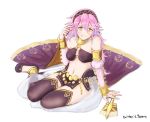  1girl bare_shoulders black_legwear blush breasts bridal_gauntlets clenched_teeth cosplay fan fire_emblem fire_emblem:_kakusei fire_emblem_heroes fire_emblem_if grin hairband ippers jewelry long_hair looking_at_viewer lying medium_breasts midriff navel olivia_(fire_emblem) olivia_(fire_emblem)_(cosplay) pelvic_curtain pink_eyes pink_hair sandals see-through smile soleil_(fire_emblem_if) solo teeth twitter_username 