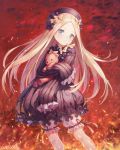  1girl abigail_williams_(fate/grand_order) artist_name bangs black_bow black_dress black_hat blonde_hair bloomers blue_eyes bow butterfly closed_mouth commentary_request dress embers eyebrows_visible_through_hair fate/grand_order fate_(series) fire hands_in_sleeves hat long_hair long_sleeves looking_at_viewer object_hug orange_bow parted_bangs polka_dot polka_dot_bow roang solo stuffed_animal stuffed_toy teddy_bear underwear very_long_hair white_bloomers 