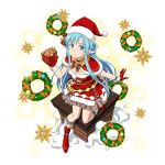  1girl asuna_(sao-alo) blue_eyes blue_hair box breasts brown_skirt capelet christmas cleavage full_body fur_trim gift gift_box gloves hat holding holding_box long_hair looking_at_viewer medium_breasts miniskirt pleated_skirt pointy_ears red_footwear red_gloves red_hat santa_costume santa_hat simple_background skirt sleeveless smile solo sword_art_online very_long_hair white_background 