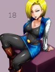  1girl android_18 arm_support blonde_hair blue_eyes boots breasts dragon_ball dragonball_z earrings highres jewelry looking_at_viewer okyou open_mouth panties pantyhose pantyshot pantyshot_(sitting) short_hair sitting skirt solo tongue tongue_out underwear 