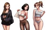  1girl 3girls absurdres arm_at_side backpack bag bandaid bandaid_on_face bangs bare_legs bare_shoulders black_eyes black_jacket black_shorts blue_eyes blush bra breasts brown_hair cleavage closed_mouth collarbone cowboy_shot crop_top erect_nipples expressionless high_ponytail highres jacket jungon_kim legs_apart long_hair long_sleeves looking_at_viewer looking_to_the_side medium_breasts multiple_girls navel open_clothes open_jacket open_shirt original panties panties_under_pantyhose pantyhose parted_bangs parted_lips shirt short_hair shorts simple_background sleeveless sleeves_past_wrists smile standing stomach straight_hair strap_slip strapless thigh_gap thighs tubetop underwear undressing white_background white_bra white_panties white_shirt 