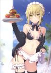  1girl 6u_(eternal_land) absurdres blonde_hair blush breasts highres huge_filesize looking_at_viewer maid_headdress medium_breasts navel scan solo standing swimsuit thigh-highs yellow_eyes 