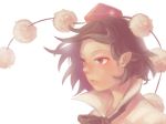  1girl black_hair blush eyebrows hat highres looking_away parted_lips red_eyes red_hat shameimaru_aya short_hair simple_background solo tokin_hat touhou upper_body white_background yoruny 