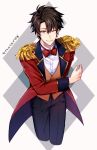  1boy ;) black_hair blue_eyes bow bowing bowtie coattails cropped_torso epaulettes fate/grand_order fate_(series) fujimaru_ritsuka_(male) jacket male_focus one_eye_closed red_jacket red_neckwear smile solo waistcoat 