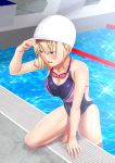  1girl bare_arms bare_shoulders blonde_hair blue_eyes blue_swimsuit blush breasts chain-link_fence cleavage commentary_request competition_school_swimsuit competition_swimsuit eyebrows_visible_through_hair fence goggles goggles_removed highres indoors lane_line large_breasts one-piece_swimsuit original pool poolside school_swimsuit short_hair solo swim_cap swim_cap_removed swimsuit tawagoto_dukai_no_deshi water wet 