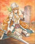  armor blonde_hair flower full_armor gauntlets greaves helmet highres knight lance long_hair marker_(medium) original polearm sasachin_(k+w) seiza shield sitting skirt solo traditional_media very_long_hair weapon yellow_eyes 