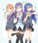  3girls ;) armband artist_request black_legwear black_skirt blue_hair blush character_name checkered checkered_background commentary_request dress green_eyes hair_ornament hair_twirling hairband highres hoshizora_rin lily_white_(love_live!) long_hair looking_at_viewer love_live! love_live!_school_idol_project low_twintails multiple_girls one_eye_closed open_mouth orange_hair purple_hair scrunchie short_hair skirt smile sonoda_umi thigh-highs toujou_nozomi twintails yellow_eyes 