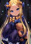  1girl abigail_williams_(fate/grand_order) black_dress blonde_hair blue_eyes blush bow dress fate/grand_order fate_(series) hair_bow hands_in_sleeves highres long_hair looking_at_viewer sleeves_past_wrists solo stuffed_animal stuffed_toy teddy_bear tem10 