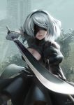  1girl 2017 artist_request black_dress black_gloves black_hairband blindfold breasts cleavage cleavage_cutout covered_eyes dress feather-trimmed_sleeves gloves hair_ornament hairband holding holding_sword holding_weapon long_sleeves medium_breasts mole mole_under_mouth nier_(series) nier_automata outdoors pink_lips ribbed_dress ruins short_hair signature silver_hair standing sword tree weapon yorha_no._2_type_b 
