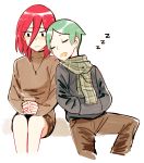  androgynous ange blush casual green_hair highres houseki_no_kuni long_hair phosphophyllite red_eyes redhead scarf shinsha_(houseki_no_kuni) short_hair skirt sleeping white_background 