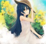  1girl bangs blue_hair cowboy_shot dress flower hair_between_eyes hat highres holding long_hair looking_at_viewer love_live! love_live!_school_idol_project solo sonoda_umi straw_hat sundress sunflower yellow_eyes yudough 