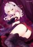  1girl :o ass bare_shoulders black_legwear blush breasts carmilla_(fate/grand_order) cleavage eyebrows_visible_through_hair fate/grand_order fate_(series) flower horns ichiyou_moka large_breasts long_hair looking_at_viewer rose silver_hair solo thigh-highs twitter_username yellow_eyes 