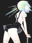  androgynous arched_back ass black_background black_shorts closed_mouth diamond_(houseki_no_kuni) elbow_gloves from_behind from_side gloves green_hair highres houseki_no_kuni kei_(soundcross) looking_at_viewer looking_back multicolored_hair shirt short_hair short_sleeves shorts silver_hair simple_background smile solo suspender_shorts suspenders thigh-highs thighs white_gloves white_shirt 