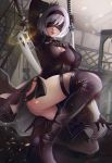  1girl arm_up artist_request black_dress black_gloves black_legwear blindfold boots breasts cleavage commentary dress feather_trim full_body gloves hairband high_heel_boots high_heels highres holding holding_sword holding_weapon juliet_sleeves katana kneeling lips long_sleeves medium_breasts nier_(series) nier_automata outdoors panties parted_lips puffy_sleeves short_hair solo stiletto_heels sword thigh-highs thigh_boots underwear weapon white_hair white_panties yorha_no._2_type_b 