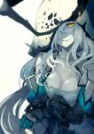  1girl breasts cleavage commentary_request entombed_air_defense_guardian_hime frown gloves hair_in_face hair_over_one_eye hood hood_up kantai_collection long_hair long_sleeves shadow shinkaisei-kan sidelocks silver_hair solo upper_body walzrj white_background yellow_eyes 