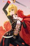  1girl absurdres belt black_pants blush bow bowtie braid cape closed_mouth coat contrapposto cowboy_shot cravat eyebrows_visible_through_hair fate/extra fate_(series) gaoyang_ou_nisang green_eyes hair_between_eyes hair_bun hair_intakes hand_on_own_chest highres holding holding_sword holding_weapon light_smile long_sleeves military military_uniform nero_claudius_(fate) nero_claudius_(fate)_(all) open_clothes open_coat pants red_cape solo standing sword underbust uniform v-shaped_eyebrows weapon white_neckwear 
