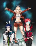  +_+ 3girls :&lt; :d ;) abs artist_name asymmetrical_bangs axent_wear bangs bare_shoulders belt black_legwear blonde_hair blue_eyes blue_hair blunt_bangs breasts brown_footwear brown_jacket brown_shorts cat_ear_headphones character_name cleavage closed_mouth collarbone commentary crop_top cross-laced_footwear detached_sleeves drill_hair eyebrows_visible_through_hair fang freckles fur_trim genzai_(sereneandsilent) gloves green_eyes groin hair_flaps hair_ribbon hair_slicked_back hand_on_own_thigh hands_on_hilt headphones hexagon highres honeycomb_(pattern) honeycomb_print hood hooded_jacket jacket japanese_clothes jewelry kako_(sereneandsilent) kimono large_breasts long_sleeves looking_at_viewer medium_breasts midriff mirai_(sereneandsilent) multiple_girls necklace obi one_eye_closed open_clothes open_jacket open_mouth original outstretched_arms pointy_ears red_eyes red_gloves redhead ribbon sandals sash sereneandsilent sheath sheathed shirt shorts sitting smile socks sparkle standing star_tattoo sword tattoo thigh-highs twin_drills unzipped v v-shaped_eyebrows visor weapon white_legwear white_ribbon white_shirt zipper 