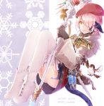  1girl artist_name au_ra beret bird dragon_girl dragon_horns dragon_tail final_fantasy final_fantasy_xiv gloves hair_over_one_eye hat high_heels highres horns lili_mdoki looking_at_viewer pink_hair pouch scales sitting skirt smile snowflakes solo staff tail thigh-highs vial white_legwear yellow_eyes 