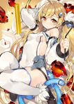  1girl aemochi ahoge azur_lane bangs black_footwear blonde_hair blush breasts brown_eyes brown_hair covered_navel detached_sleeves eldridge_(azur_lane) electric_plug eyebrows_visible_through_hair facial_mark fur_trim gradient_hair holding knee_up leotard long_hair looking_at_viewer low_twintails multicolored_hair parted_lips shoes small_breasts solo sparkle tail thigh-highs thighs twintails very_long_hair white_legwear white_leotard 