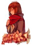  1girl absurdres artist_name brown_hair closed_eyes dated flower hair_ornament hairclip hand_on_own_chest highres hirl kagerou_project light_blush red_scarf scarf school_uniform serafuku simple_background solo tagme tateyama_ayano upper_body white_background 